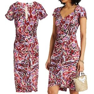 ba&sh Pleated Midi Multicolour Printed Textured Crepe Crinkle Short Sleeve Dress